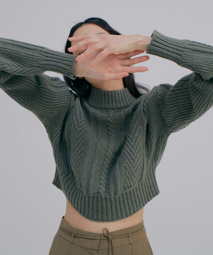 WNDERKAMMER cropped cable knit sweater in khaki available at The Dallant, Korean Fashion online shopping website
